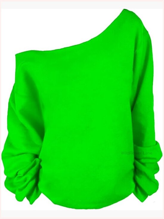 Tops - Woman's Sweatshirt Lips Print Off Shoulder Long Sleeve Slouchy Pullover Plus